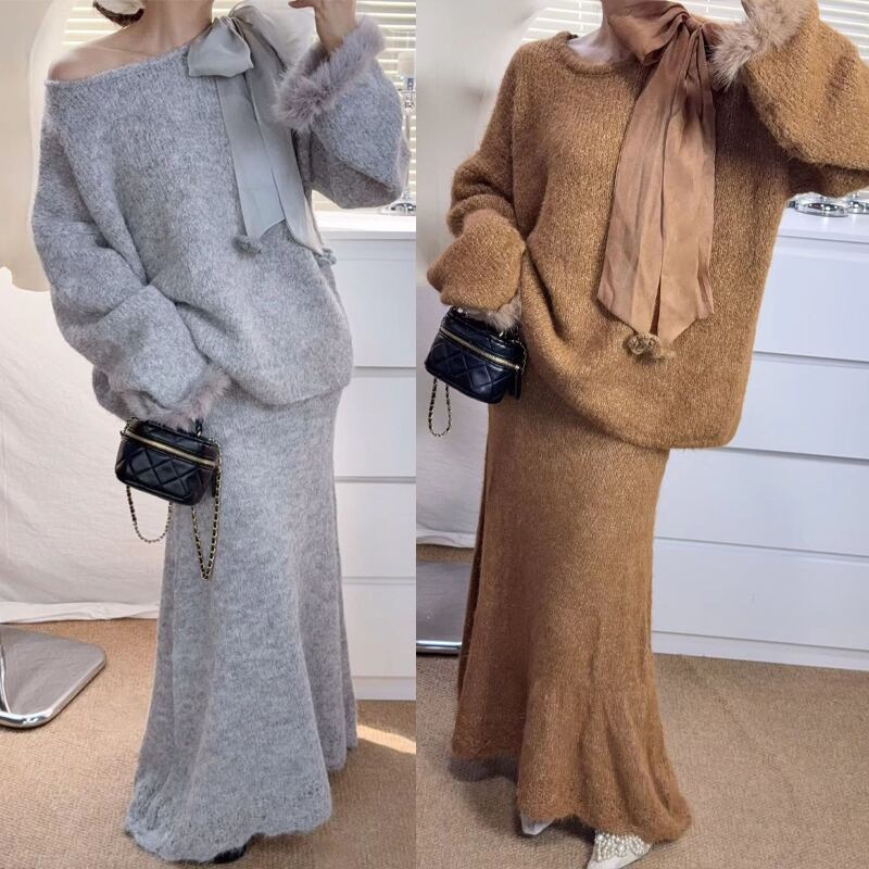 【set】袖ファーニットトップス×ロングスカートセット Q7208