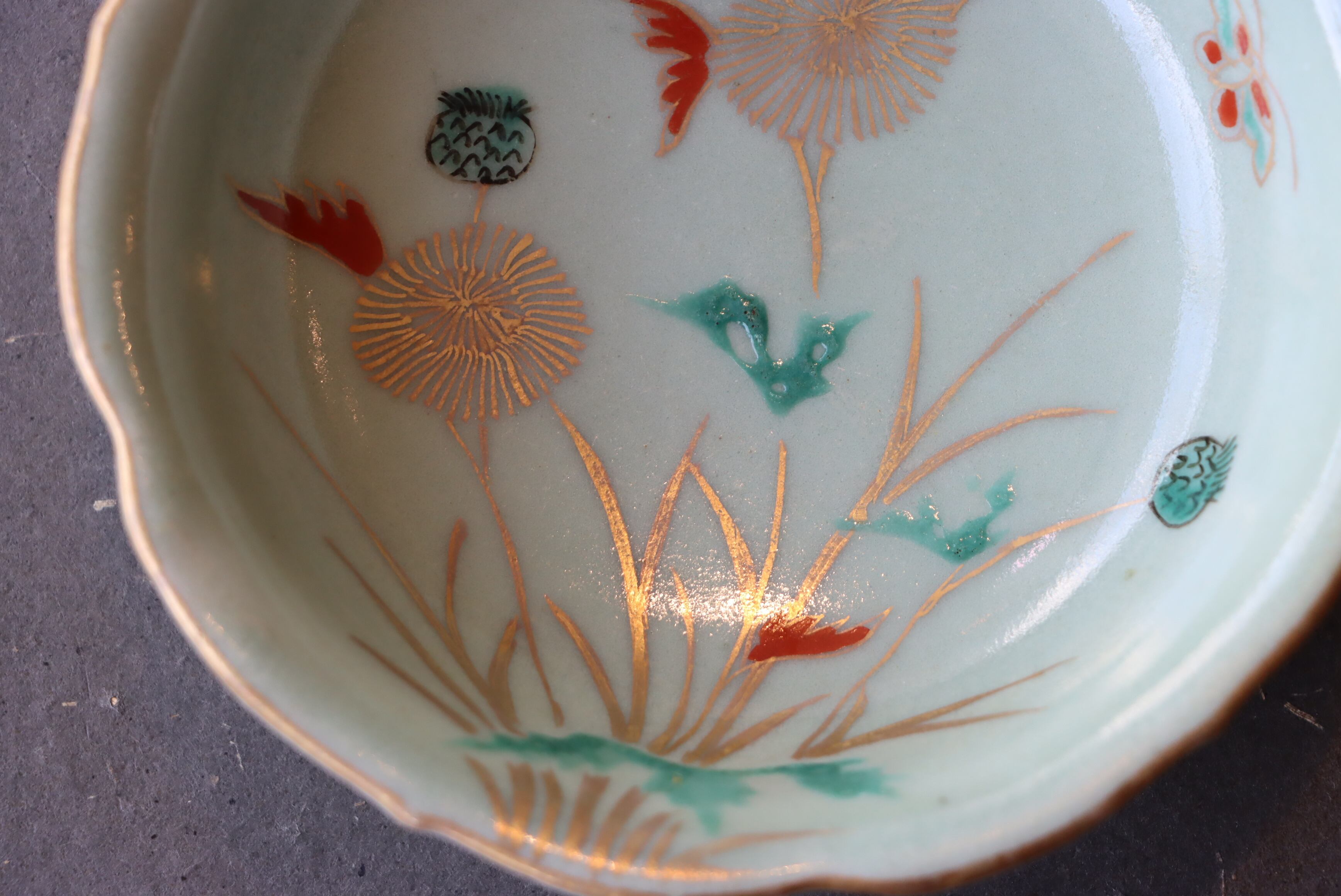 古伊万里 青磁 たんぽぽに蝶文 向付 五客組/Old Imari cup set of 5