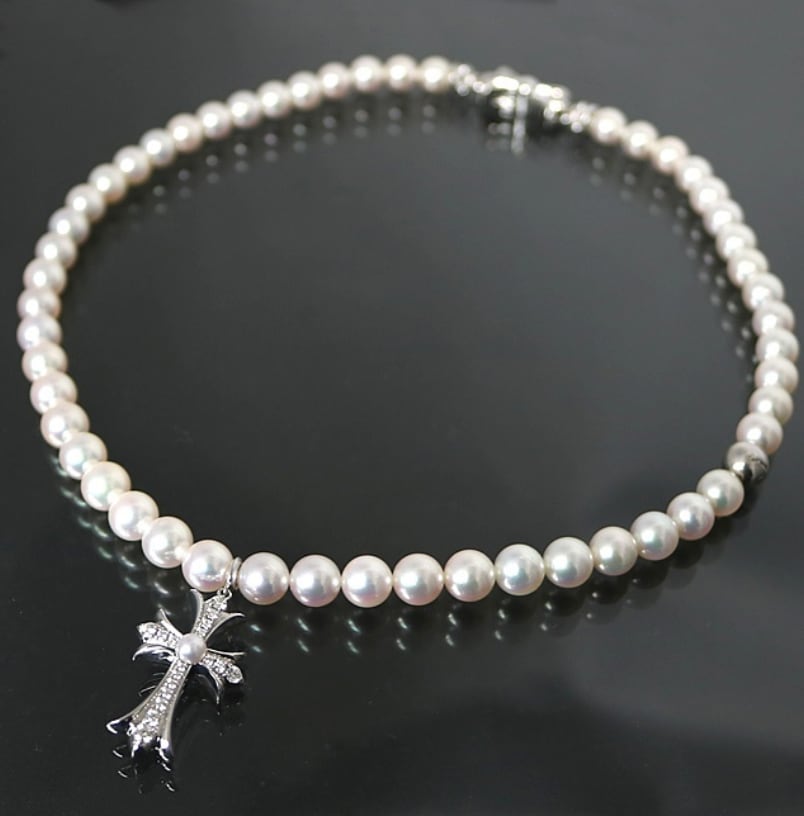 CHROME HEARTS クロムハーツ × ミキモト MIKIMOTO ダイヤ クロス パール ネックレス K18WG