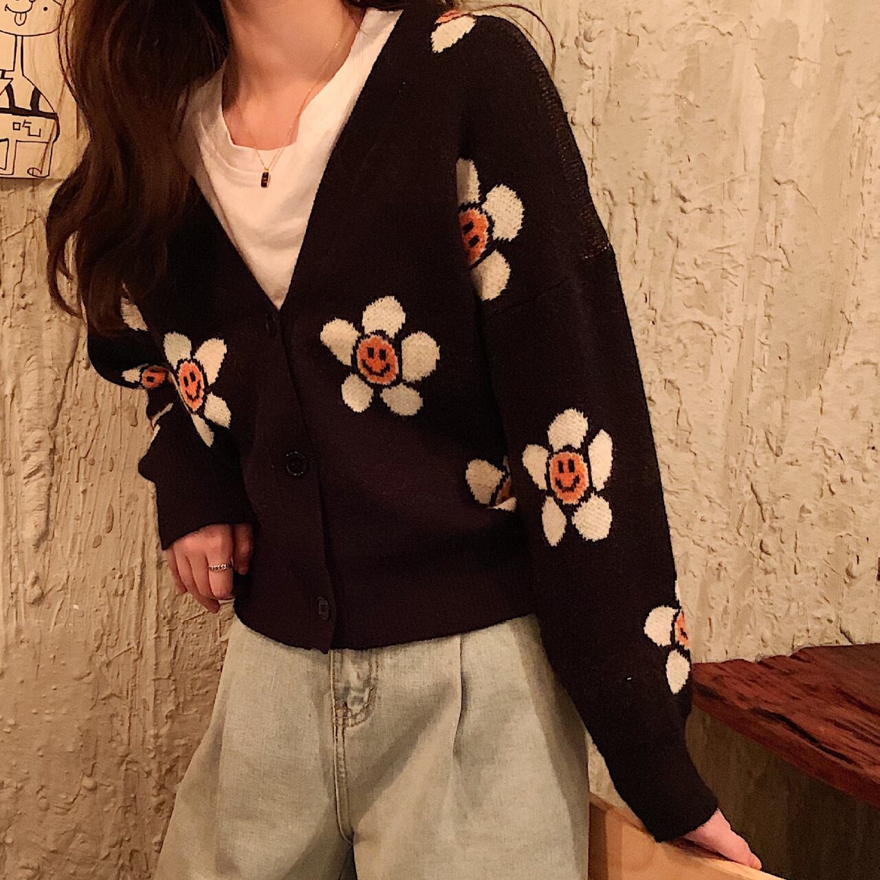 REGIT】SMILE FLOWER KNIT CARDIGAN-MINT 韓国ファッション スマイル