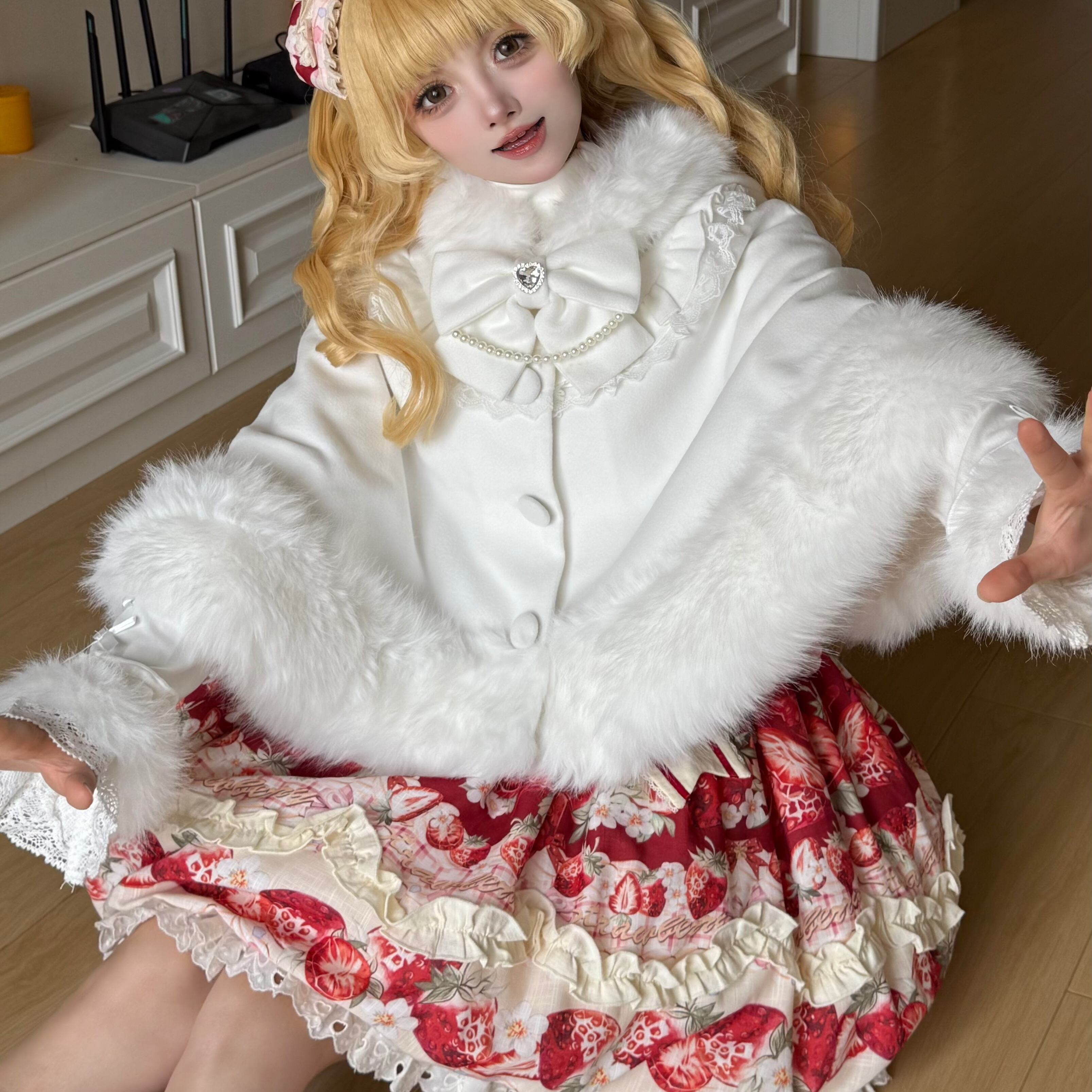 Myurina 猫耳リボン付きファーポンチョ 量産型アウター パステルカラー