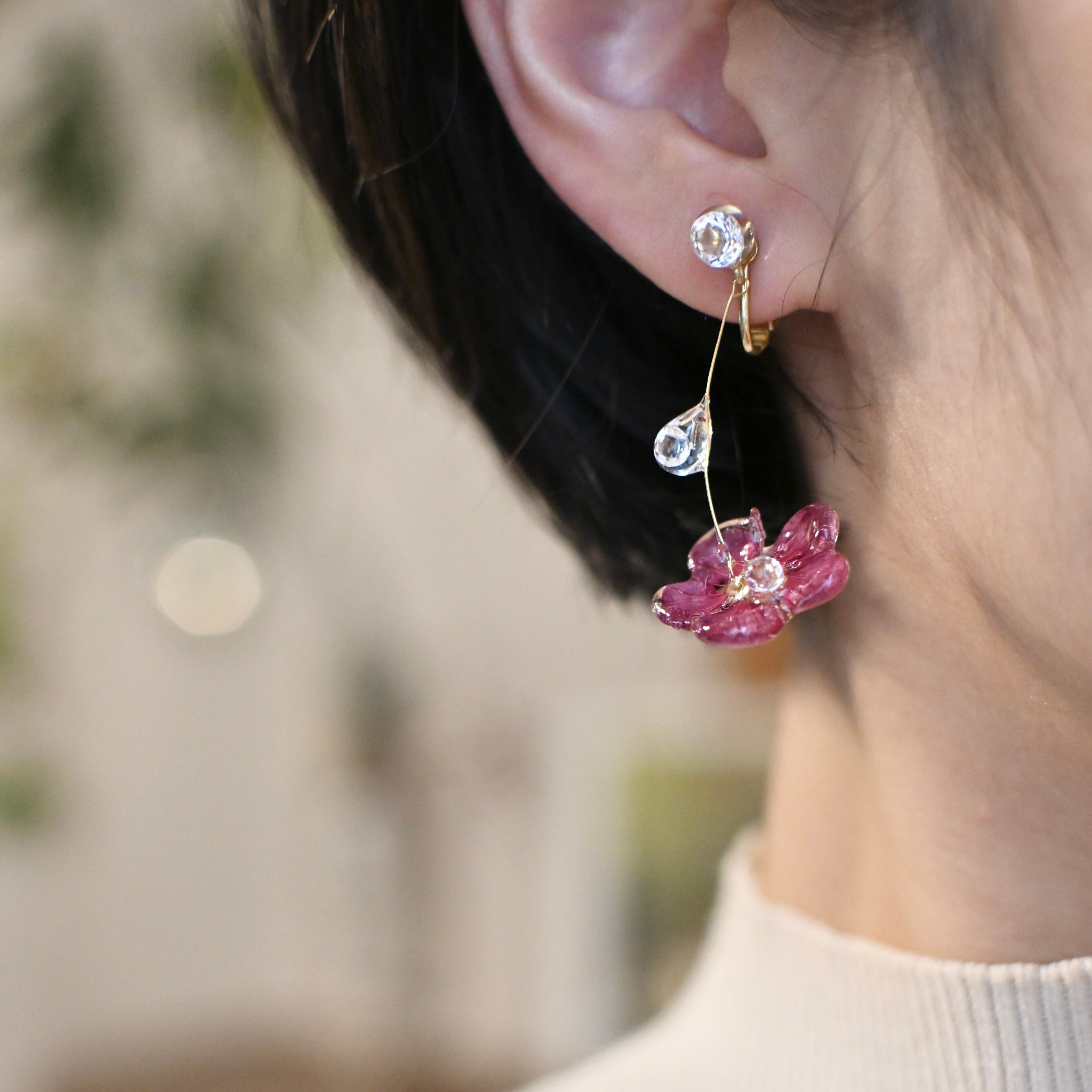 谷川さん専用♡Flower series pink ピアス イヤリング 雫梅の花をつたう雫の軌跡✴︎ジルコニア〜ピアス・イヤリング | HaruE