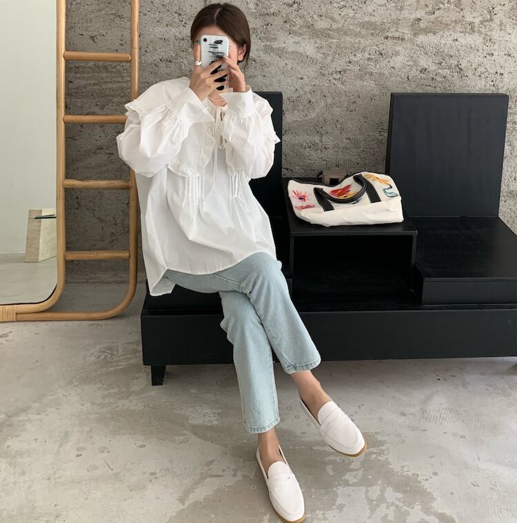 レースカラーシャツ ルーズ長袖スリーブトップス レディース ロング ビッグFスモールZ韓国41718044962