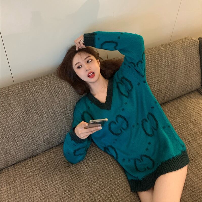 セーター レディースルーズブルーVネックスタンダードニットスプリングトップス レトロ 春物 ブラックストロベリース92263174506