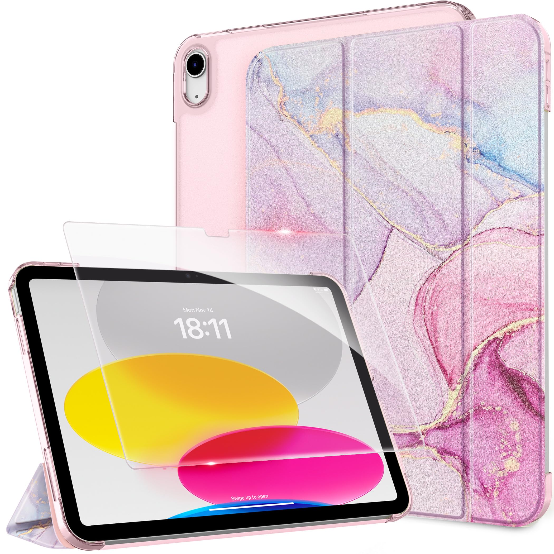 iPad 11世代 10世代 ケース ガラスフィルム セット CACOE ipad a16 2025 11/10.9インチ 2022 マーブルピンク