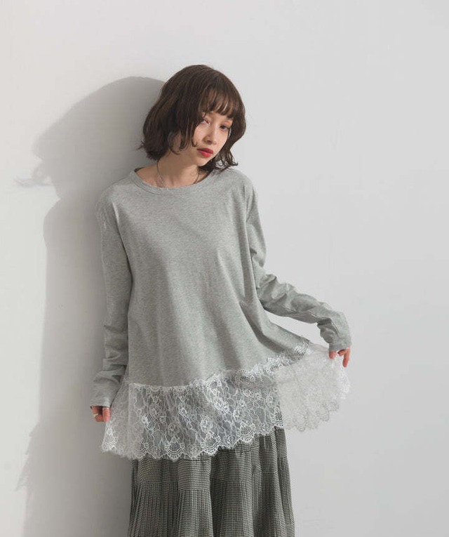 33154 裾レースロングスリーブTシャツ gray