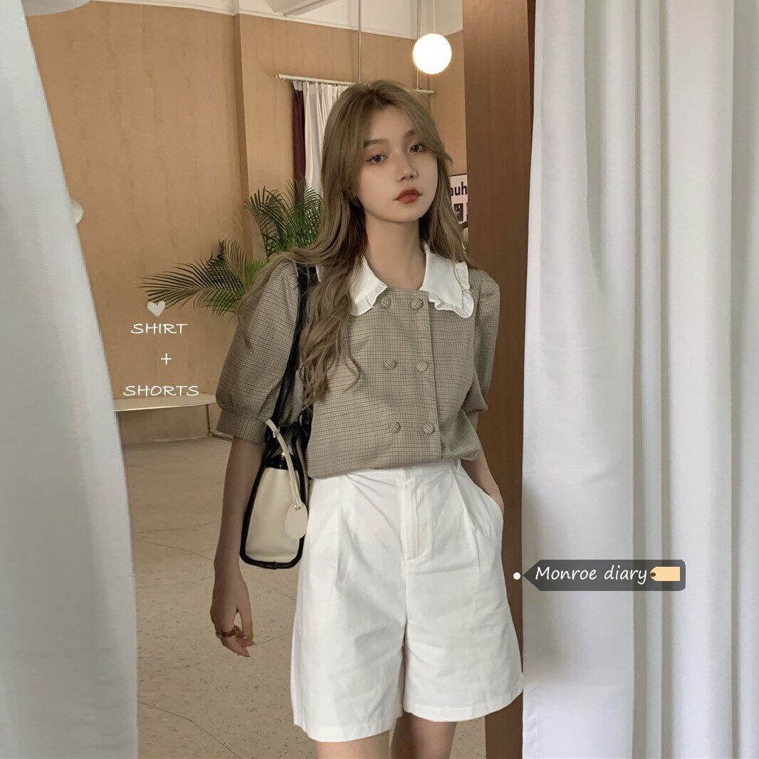 スタイルサマー格子柄シャツ ワイドレッグショーツ ストリート 夏物 ブルマー ワイドパンツ モンロー86197821527