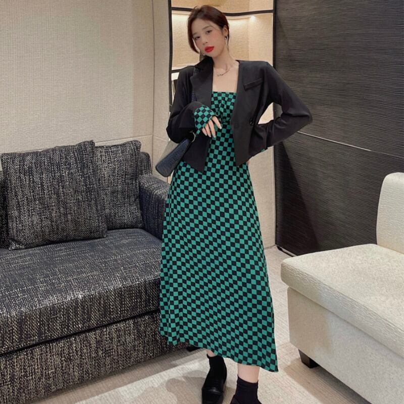 スタンダード格子柄ドレス ロングスカート ブラックショートジャケット オータムウィンター レトロ 秋物 冬物 ハンチェンe81355318007