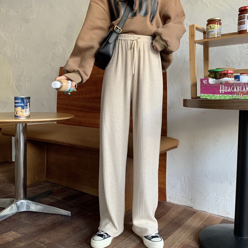 ニットカジュアルパンツ スプリングオータムハイウェストウェストワイドレッグロングレディース 春物 秋物 ワイドパンツ スーパーモール12195390152