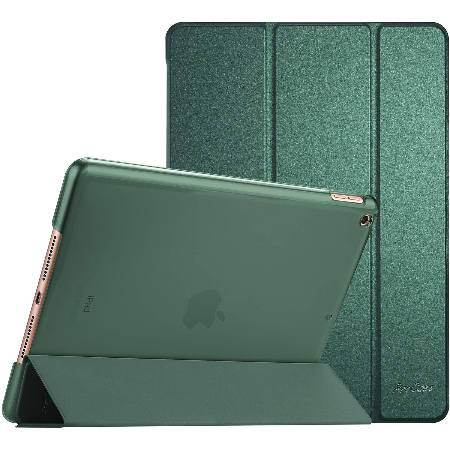 【努力特価】ProCase iPad 9/8/7 ケース (2021 2020 2019) 半透明バックカバー スマートカバー 軽量 三つ折りスタンド iPad 10.2 対応 - ミッドナイトグリーン