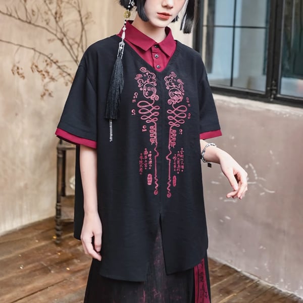 フロントバックグラフィックフロントスリットフェイクレイヤードシャツ(2カラーあり)(ruf_02098)