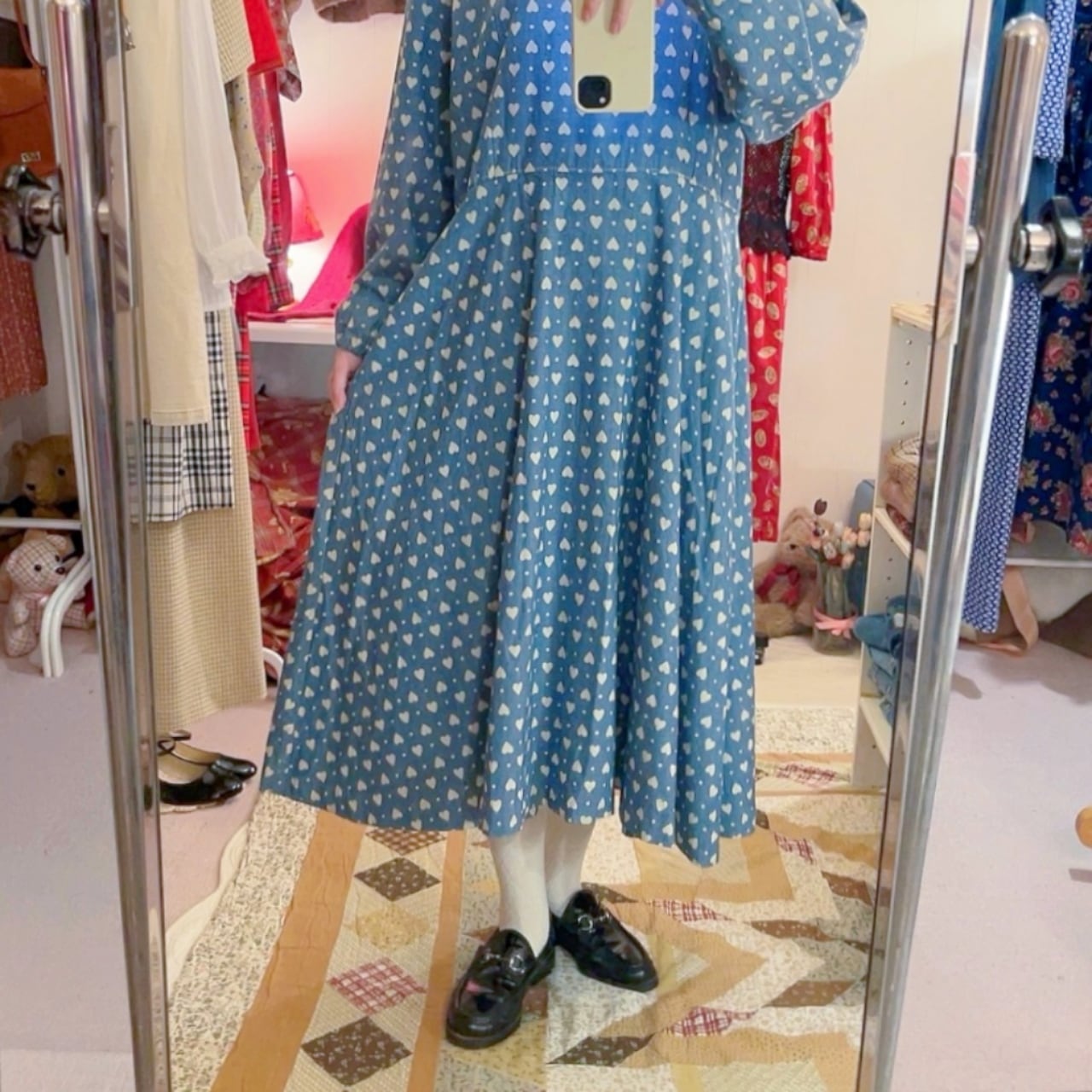 heart dot denim flare one-piece