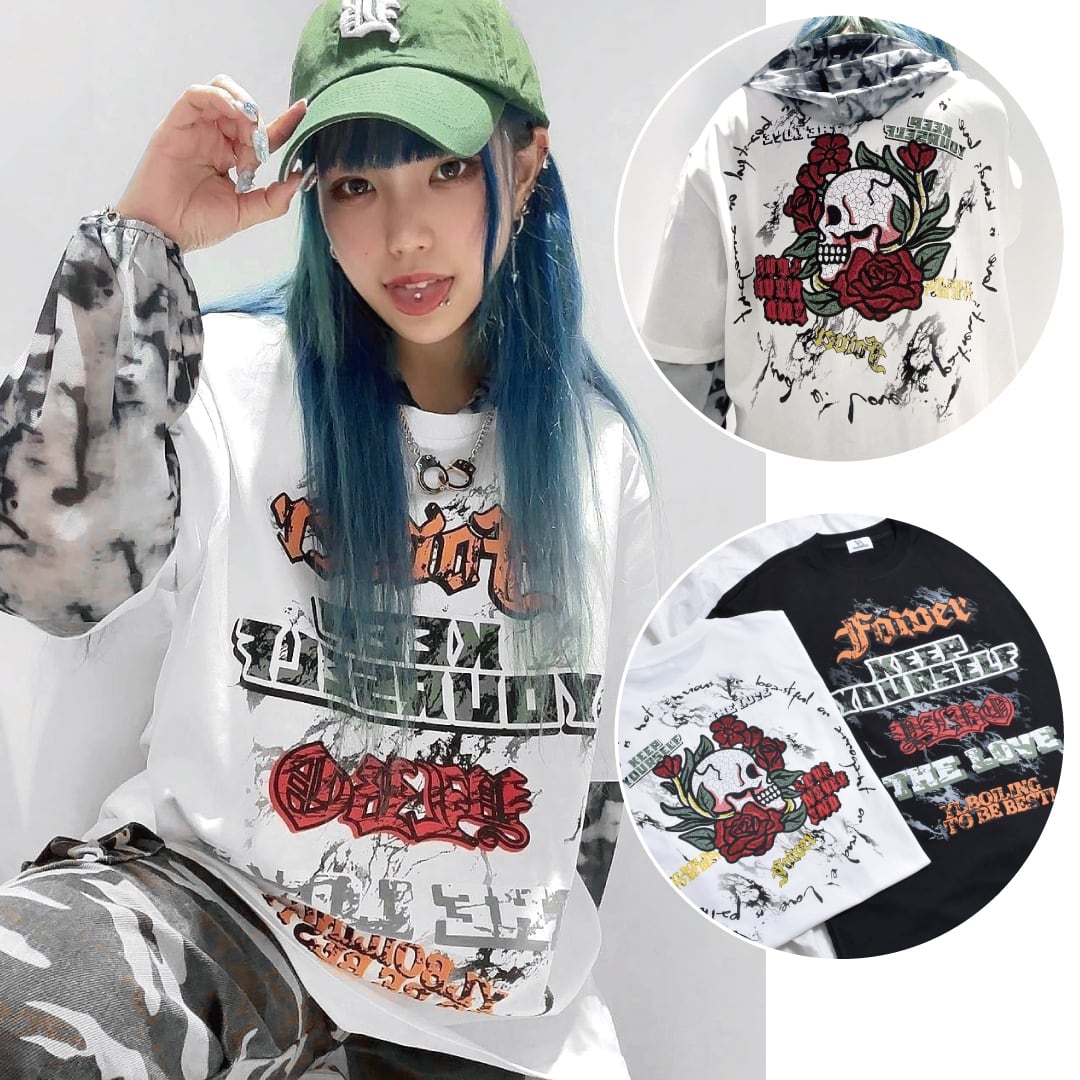 【50%OFF】SKULL LOVE FLOWER Tシャツ