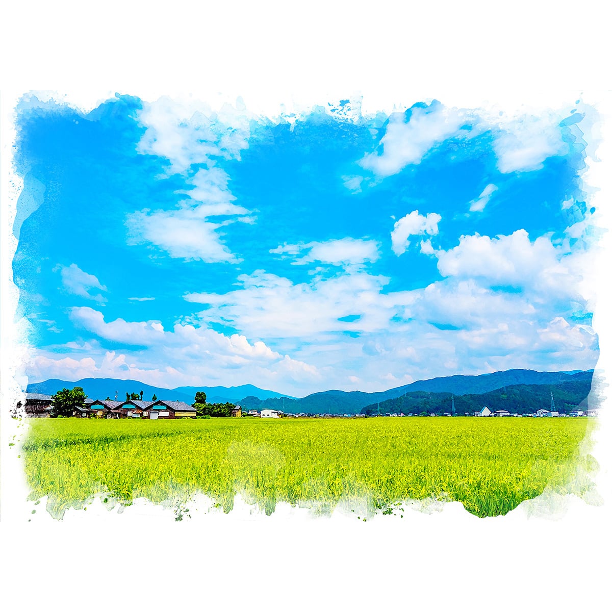 絵画 日本の田園風景と青空 風景画 インテリアアート額付き 水彩・油絵 