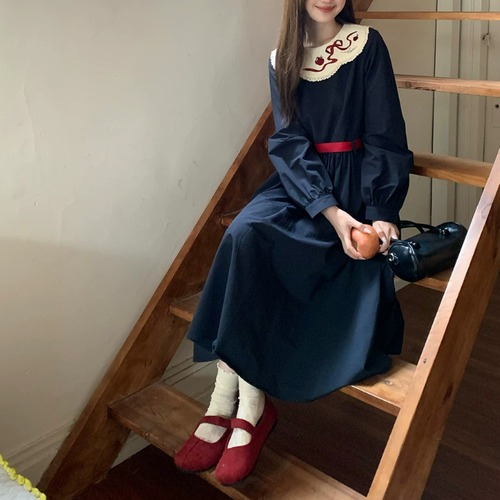 刺繍レースカラーバックリボンワンピ ・78985