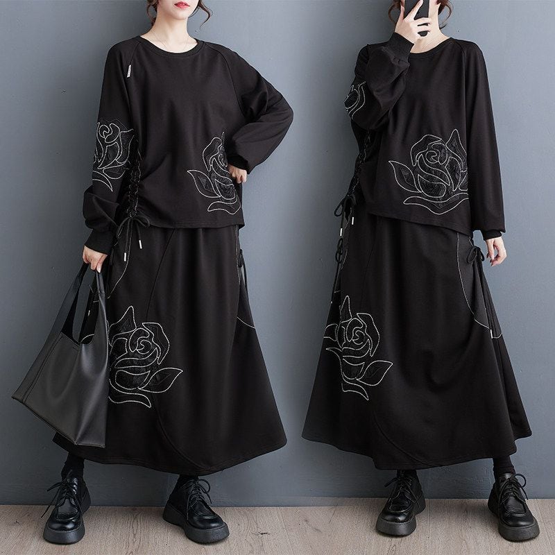 EMBROIDERED FLORAL TOP AND MIDI SKIRT SETUP M-18833