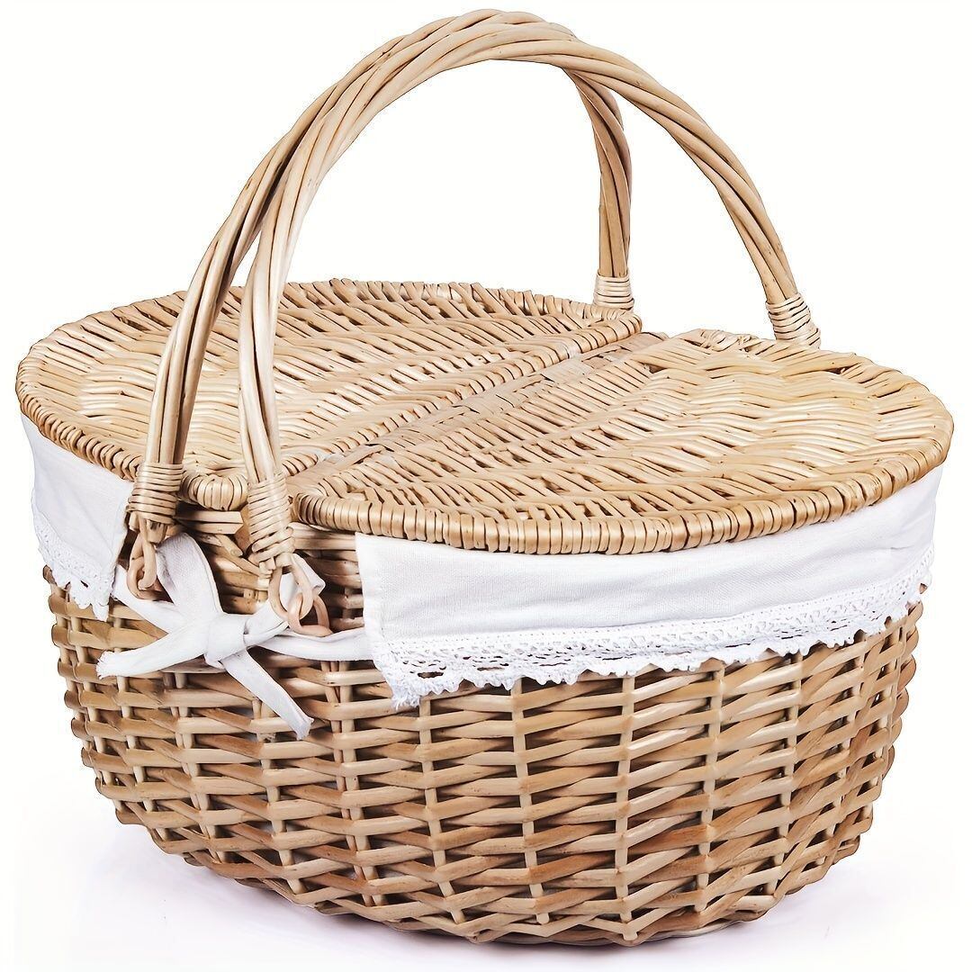 ラタンピクニックバスケット 蓋付き クラシック ウィッカー 屋外