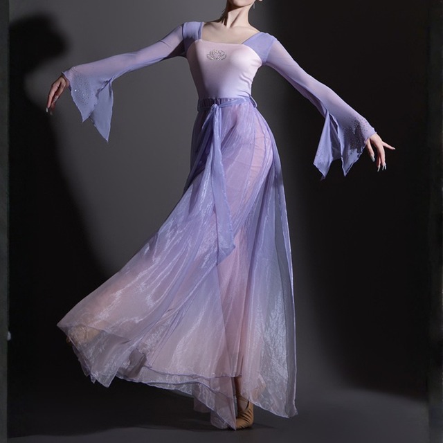 シースルーベルト付きベルスリーブロングダンスドレス S00419