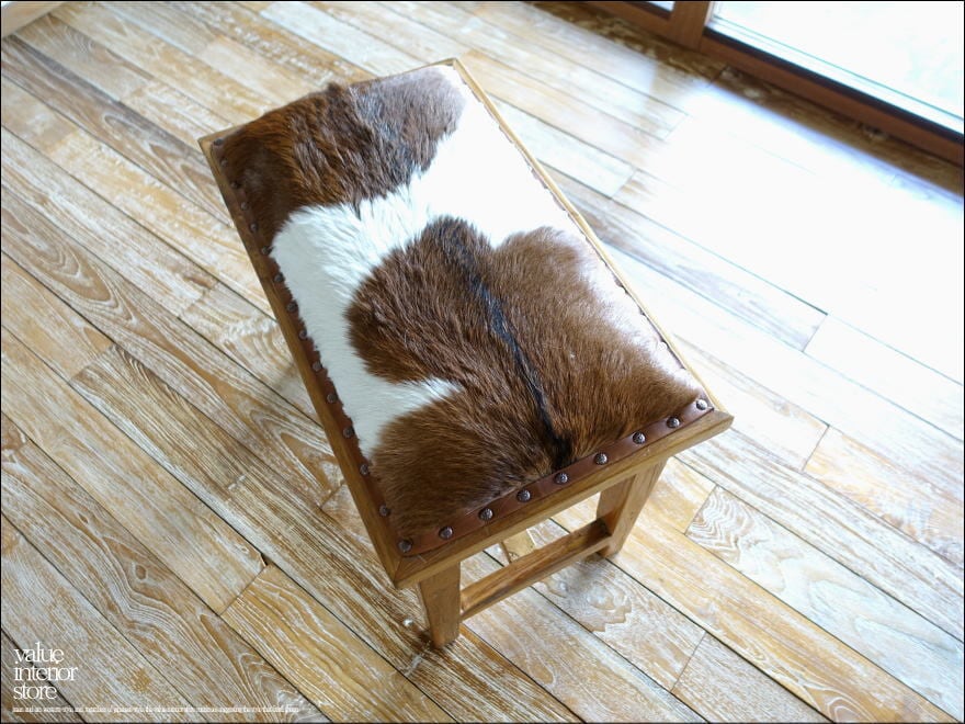レザースツールFUR シングルソファ オットマン ベンチ 毛皮張り 本皮 イス 無垢 古材家具 レザー張りベンチ オールドチーク