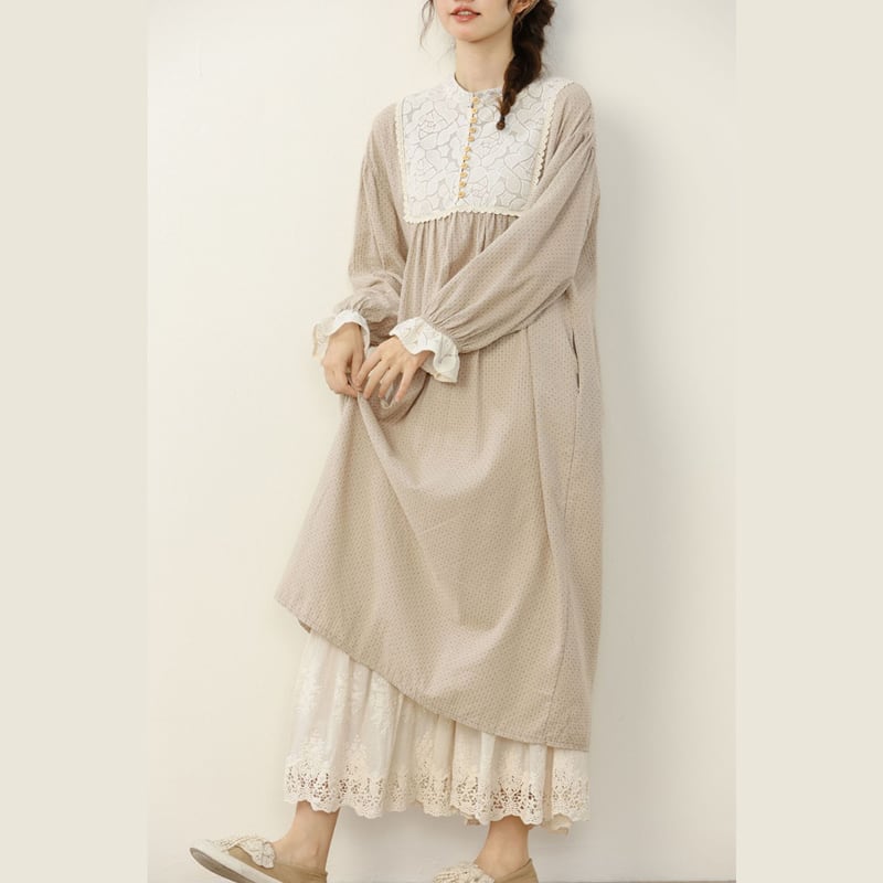 前立てフラワーレースドット柄ワンピース W0833