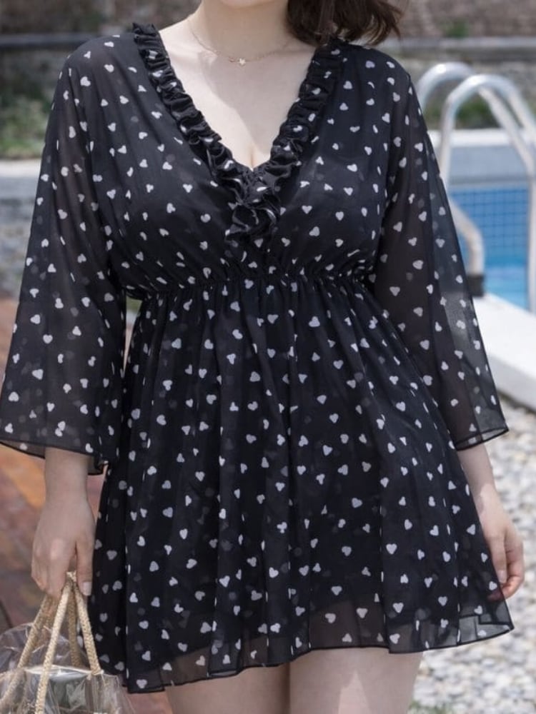 ハート柄シアーフリル水着ワンピース 体型カバー 二の腕カバー 着痩せ ブラック 大きいサイズ 韓国 CH11645