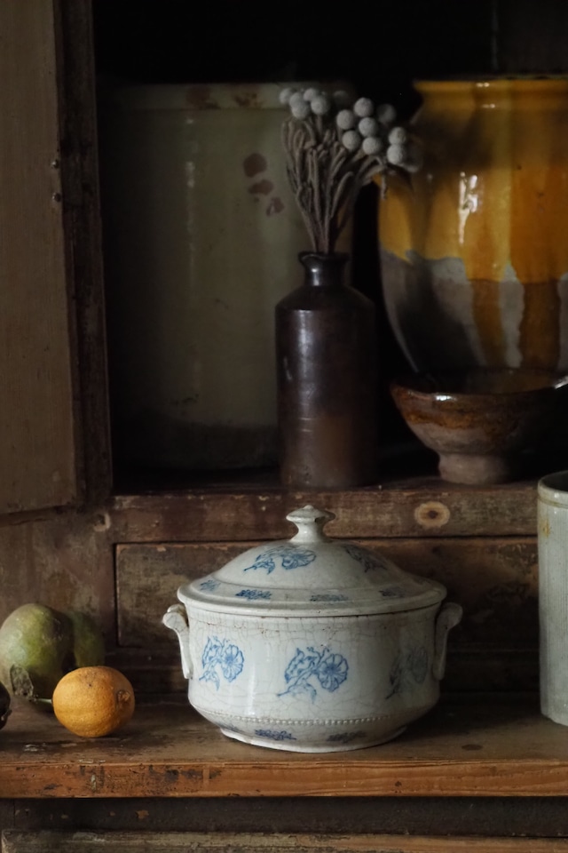 青いお花のスープチュリーン-antique soup server