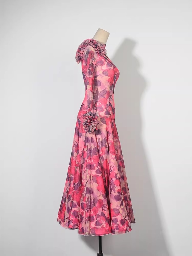 ワンショルダー ロングスリーブ フラワープリント ダンスロングワンピース ds1493