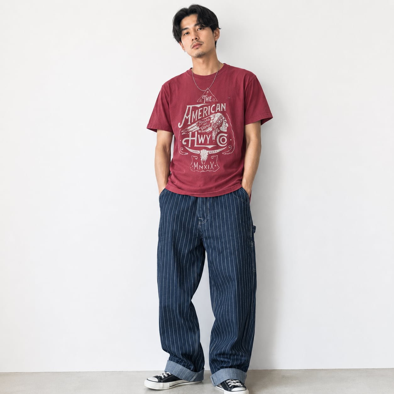 当店人気】ワイドレッグ ストライプ柄ライトデニムパンツ サスペンダー