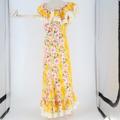 フラダンス 衣装 ワンピース ドレス Royal Creations イエロー系 ハワイ製 アシンメトリー フリル ハイビスカス柄 かわいい 華やか 鮮やか 明るい 元気 ハワイアン アロハ ハワイアンプリント フラ ダンス レッスン 練習 リゾート