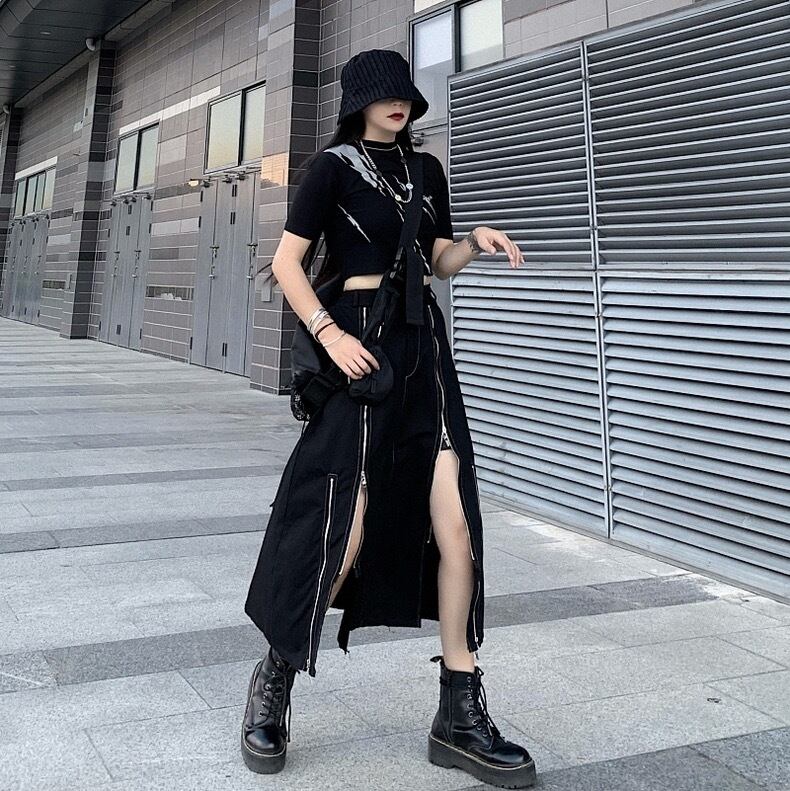 病みかわいい チャックスリット ブラックロングスカート闇み