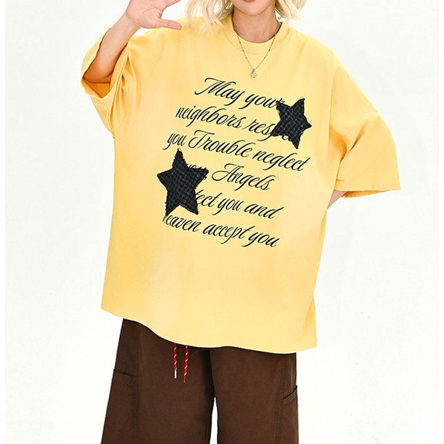 チェックスターパッチスクリプトTシャツ 2col   R01921