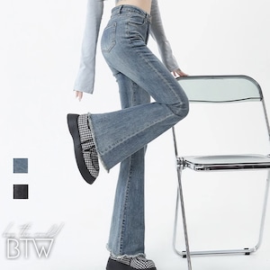 【韓国レディースファッション】裾フリンジフレアデニムパンツ カジュアル クール 脚長効果 サイズ豊富 プチプラ BW2577