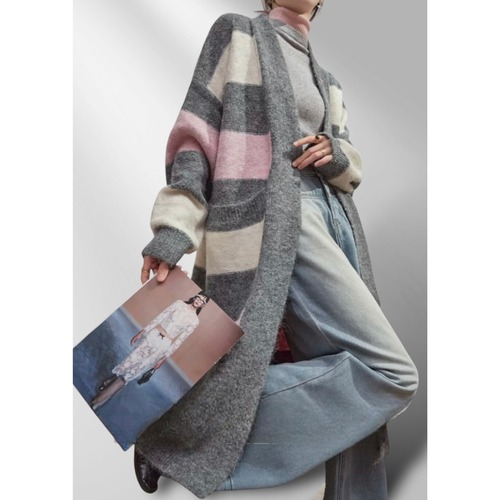 Mist gray long knitcardigan　000540