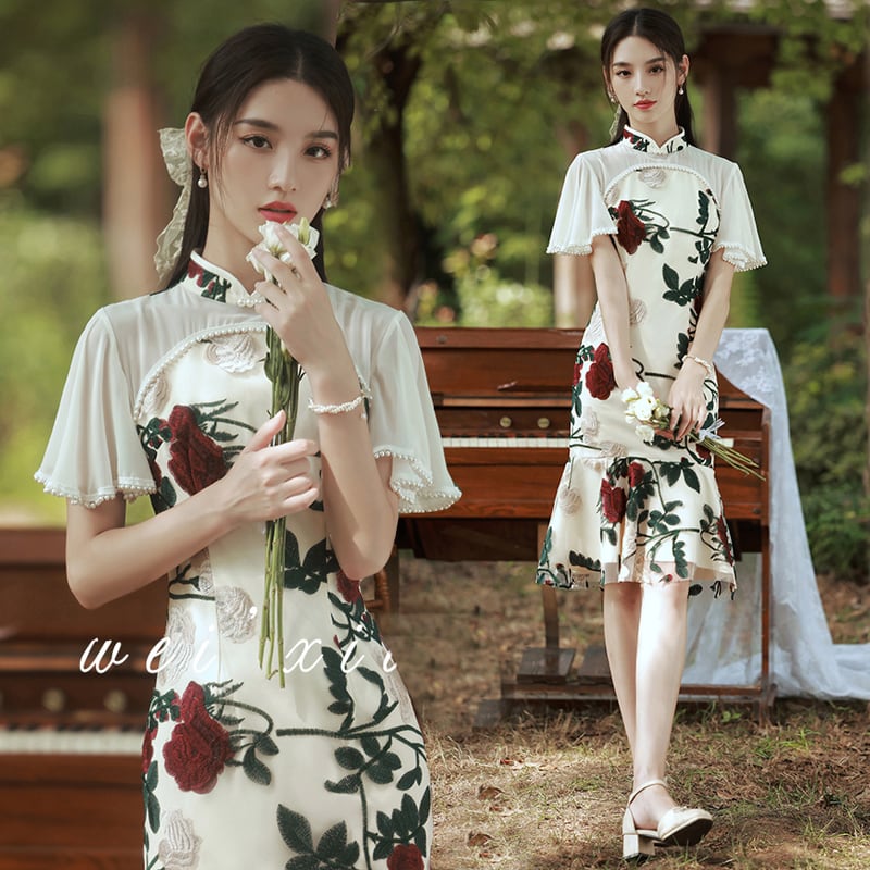 薇繡シリーズ】☆チャイナ風ワンピース☆ パーティードレス 花柄刺繍  