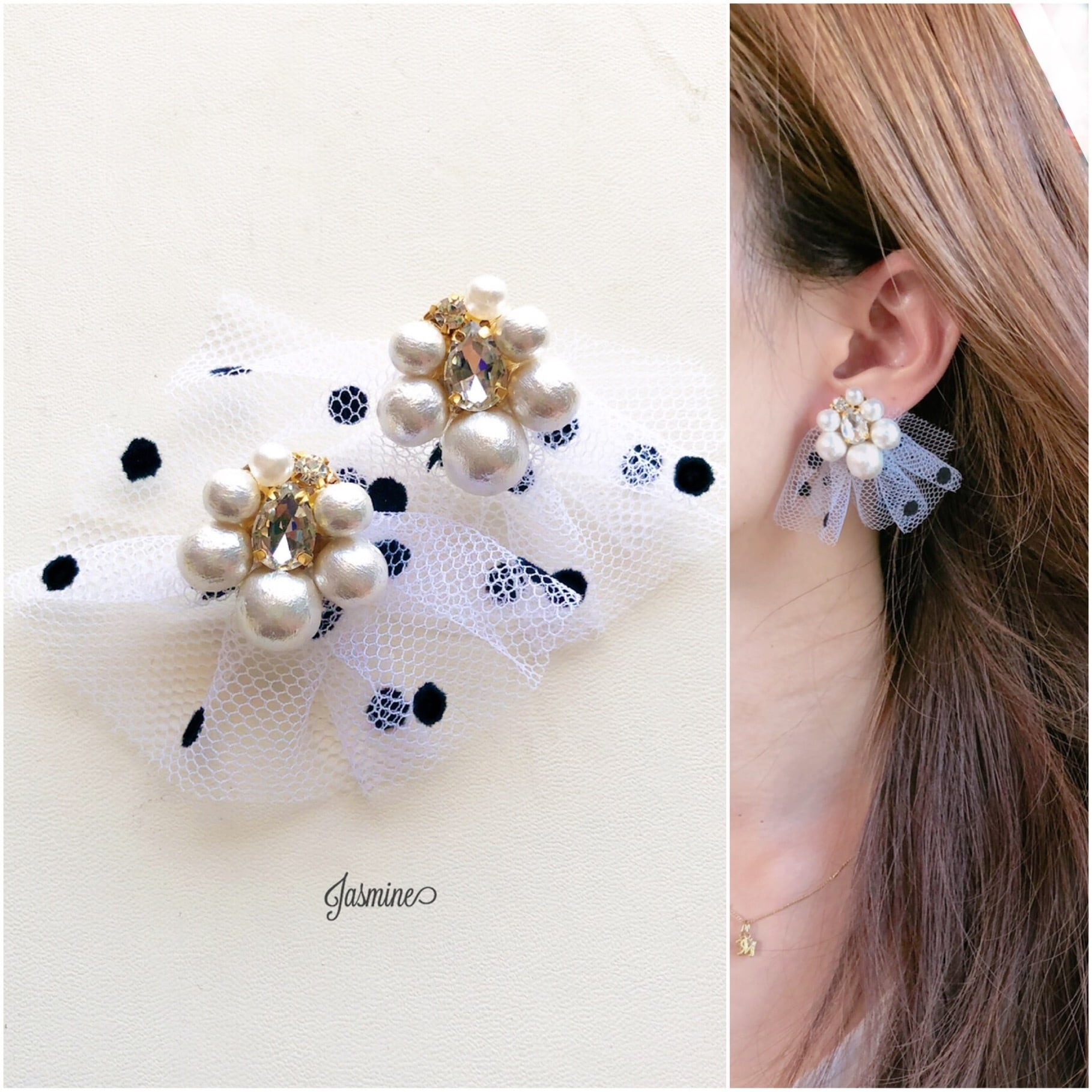 大ぶり コットンパールビジュー×ドットチュール ピアス | Jasmine