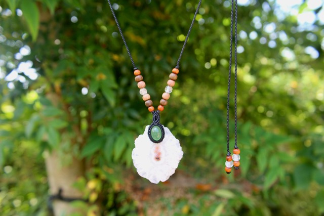 Solar Quartz & Serpentine micro macrame woody pendant