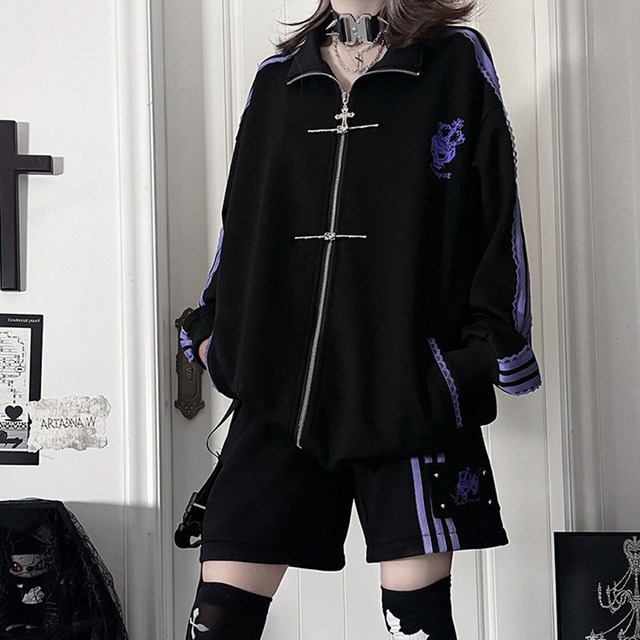 地雷系 黒×パープル髑髏ジップジャケット＋ショートパンツ セットアップ｜WithU