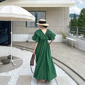 Vネックフリルワンピースきれい夏 バックVネックフリルロングワンピース | yoheipiano1