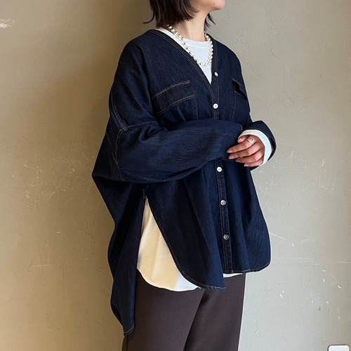 【 PASSIONE 】Vネックデニムルーズシャツ