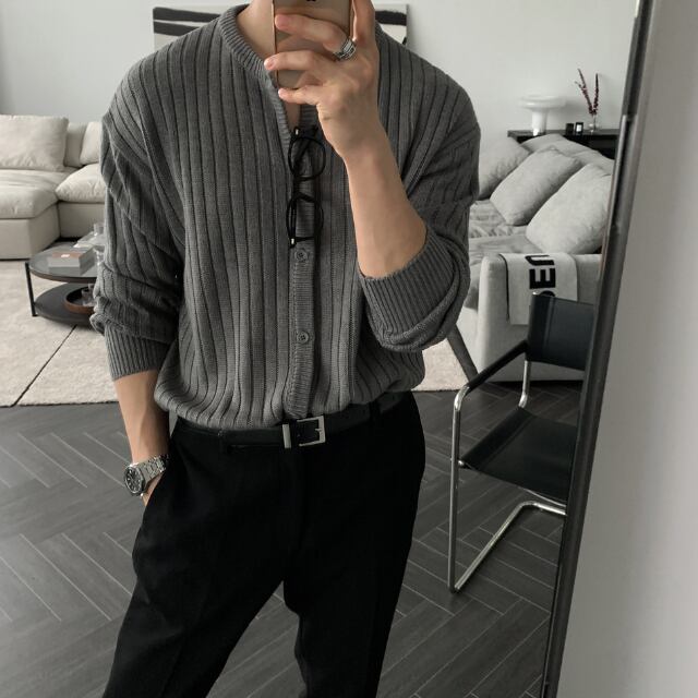 【予約販売】ニット セーター 無地 ボタン グレー/ブラック シック メンズ シンプル こなれ感 ベーシック お洒落 韓国 トレンド 秋冬 M/L/XL