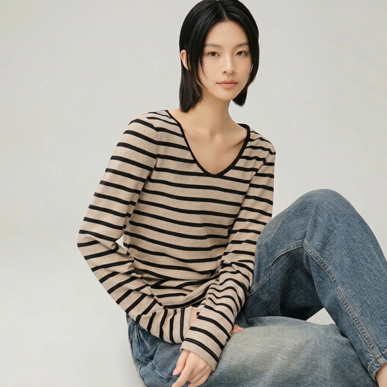 ボーダー 長袖 ラウンドネック トップス   1color  26014・画像2