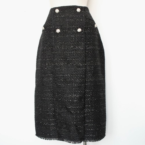 SILVIAN HEACH ブラックツィードストーンボタンフリンジポイントスカートITALY; GPA25455¥42,000＋tax