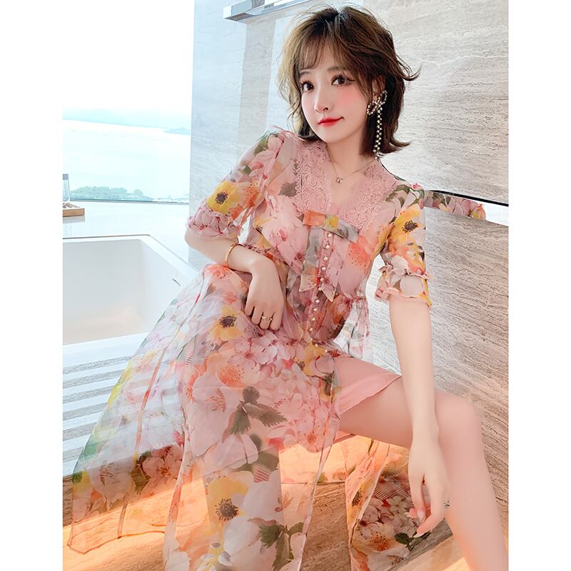 レースリボンバックルプリントドレス サマースタイル 夏物 MIUCO97990769179