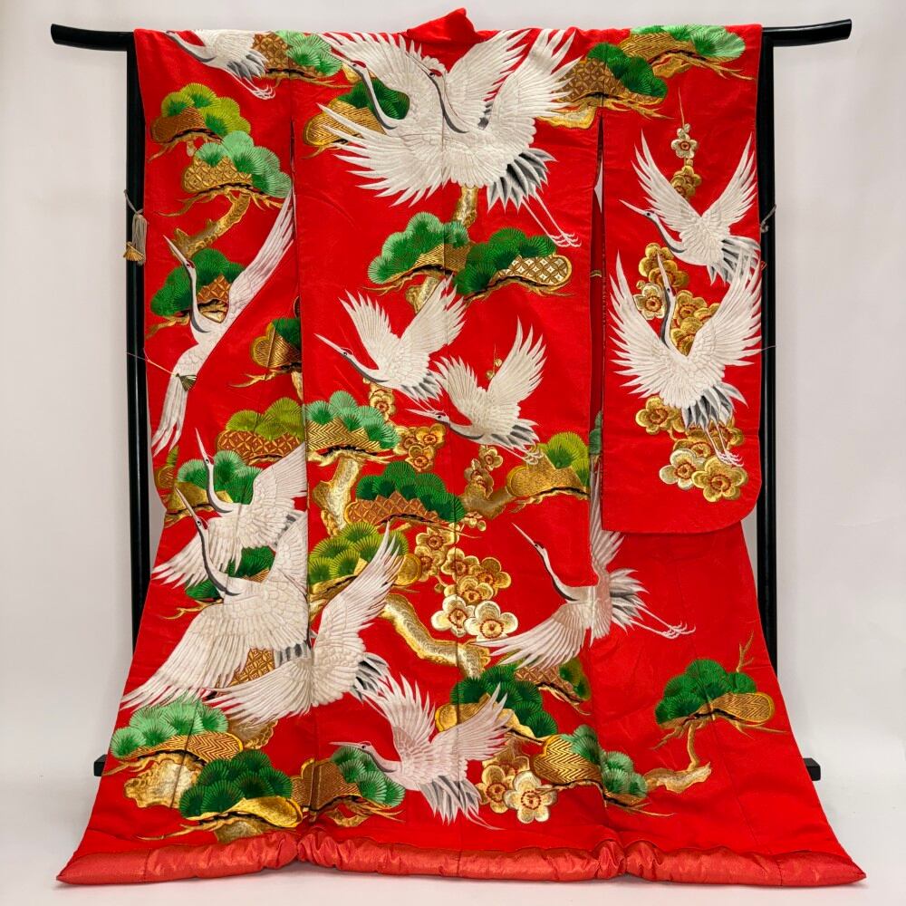 色打掛 正絹 鶴 刺繍 赤 打掛 花嫁衣裳 ポリエステル リサイクル 中古 ブライダル ウエディング 着物 6088