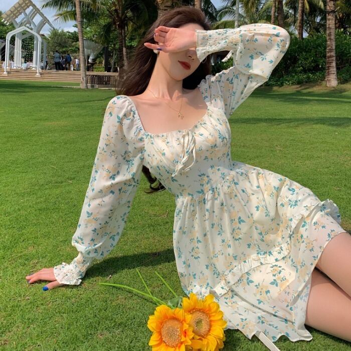 スカート スプリングオータムスタンダードカラーフローラルウェスト長袖スリーブドレス ロング レトロ 春物 秋物 花柄 スクウェア ドラファッションホール82801485664