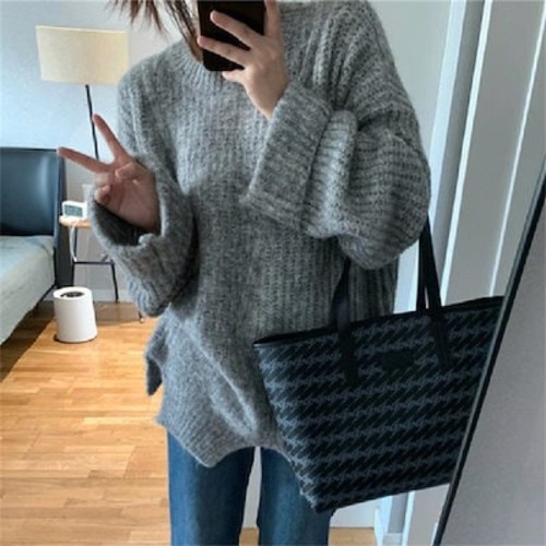 グレーの厚手セーター カシミヤタッチ 秋の新作 けだるさジャケットデザイン感 ベーシックニット