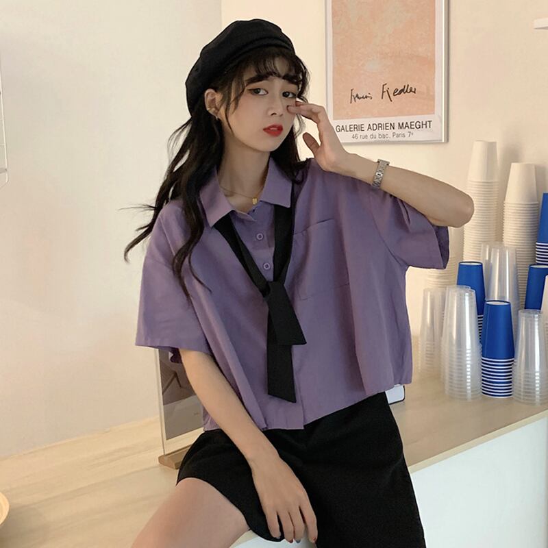 シャツ ショートサマースタイルルーズトップス 夏物 パープル 試着室28066677484