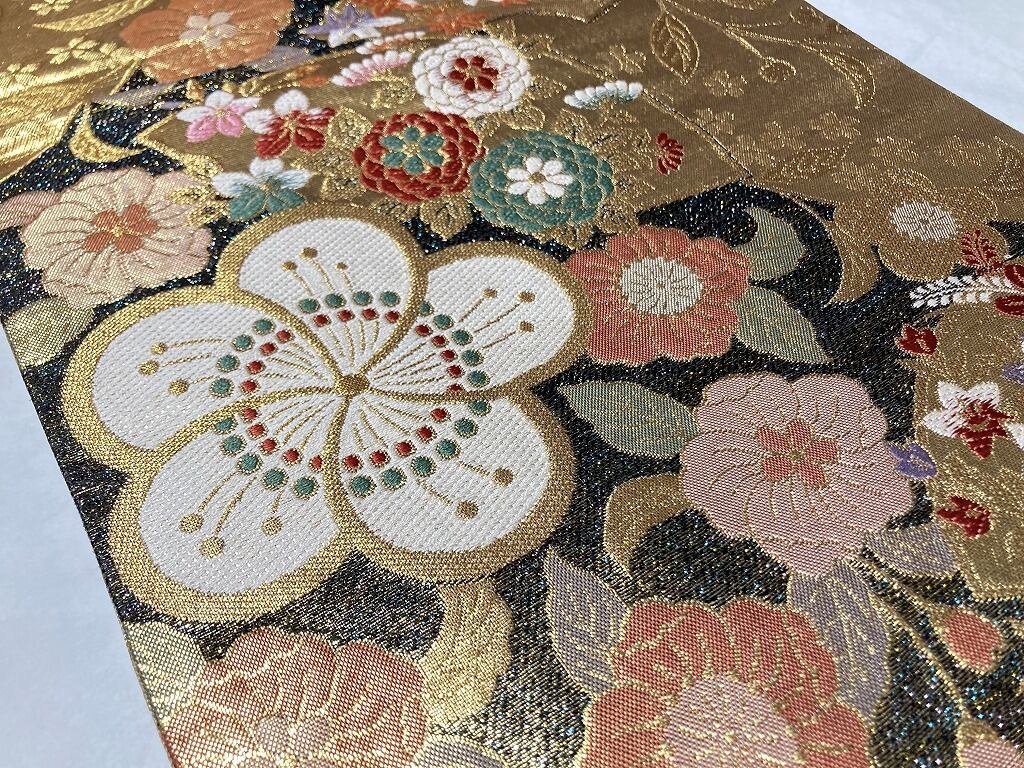 手絞り 手刺繍 2点セット 振袖 鹿の子絞り 袋帯 正絹 赤 黒 臙脂色