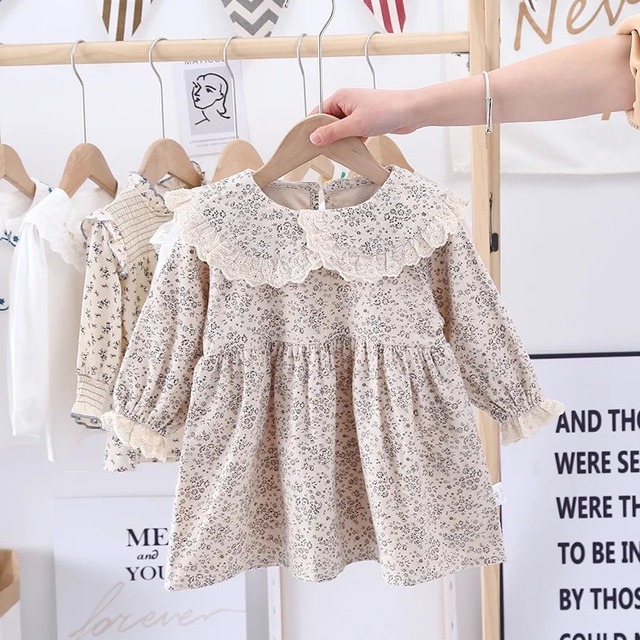 【取寄】レース襟花柄長袖ワンピース