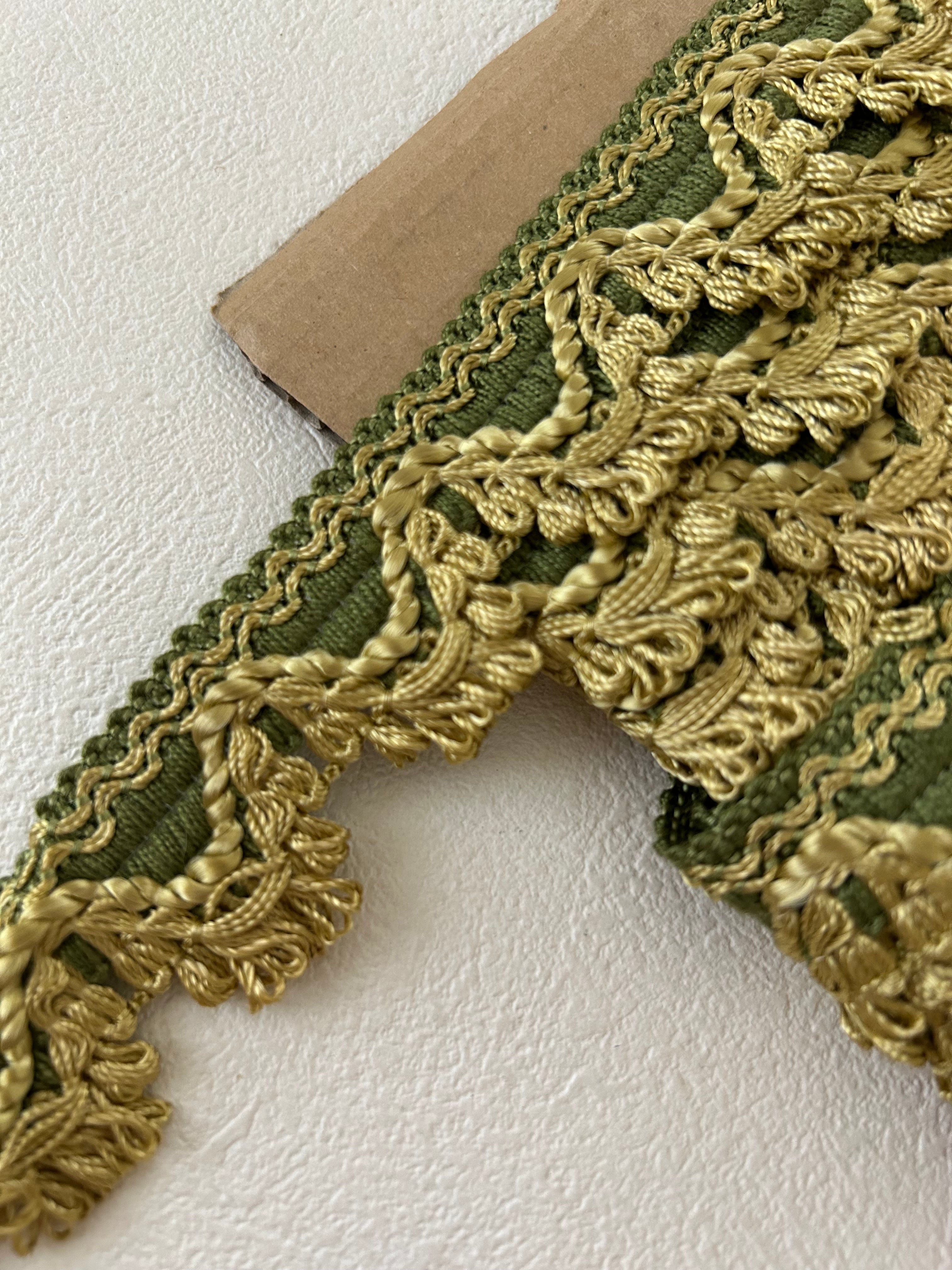 フランスVintage フリンジブレード カーキ×イエローゴールド 30mm カルトナージュ デコレーション材 ヴィンテージトリム